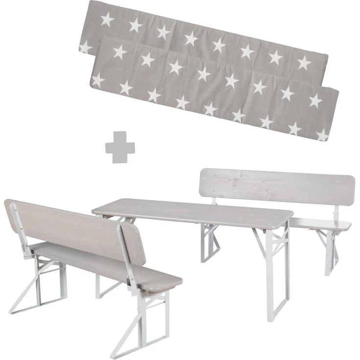 roba Outdoor Party-Garnitur für Kinder + Polster 'Little Stars' - Kindersitzgruppe mit Lehne aus FSC zertifiziertem Holz - 2 Bänke + 1 Tisch - Klappbare Sitzmöbel - Grau – Bild 1