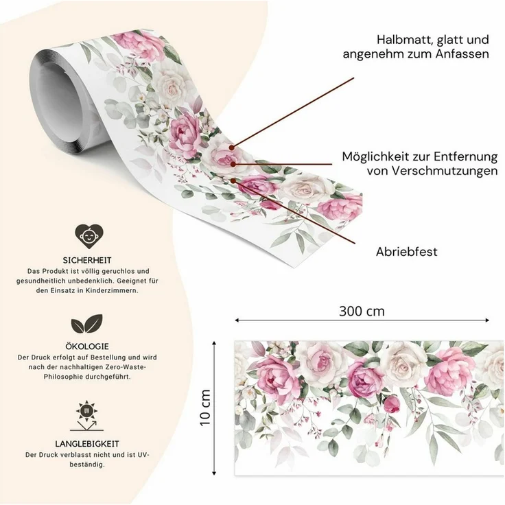 Muralo Bordüre Wandbordüre selbstklebend Blumen – Tapetenbordüre Wohnzimmer, floral, Aquarell-Rosen in Rosé mit Eukalyptus, 10x300 cm, abwischbar – Bild 2