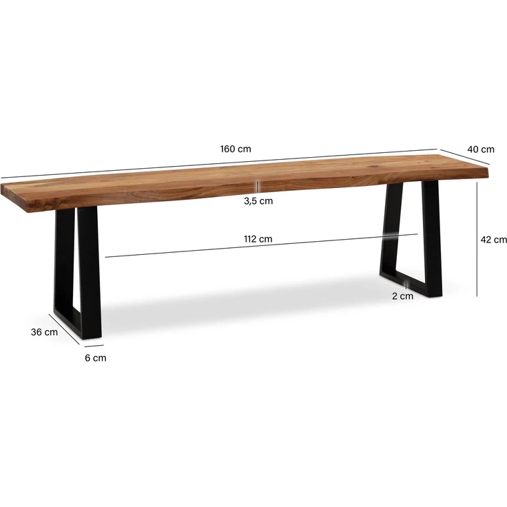 Esszimmerbank 160x40x45,5cm Akazie Massivholz Metall Baumkante Modern – Bild 4