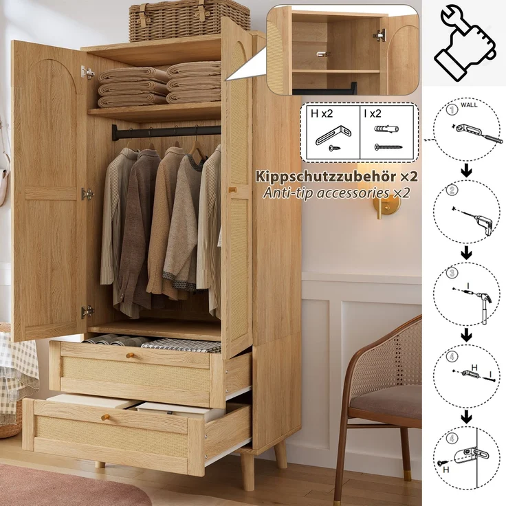 Kleiderschrank in Naturholz-Optik, Mehrzweckschrank mit Rattan-Design, Kleiderstange, Ablagefächern und 2 Schubladen, moderner Garderobenschrank für Schlafzimmer, Flur und Ankleidezimmer--Natürlich--80x50x180cm--YOUDENOVA – Bild 10