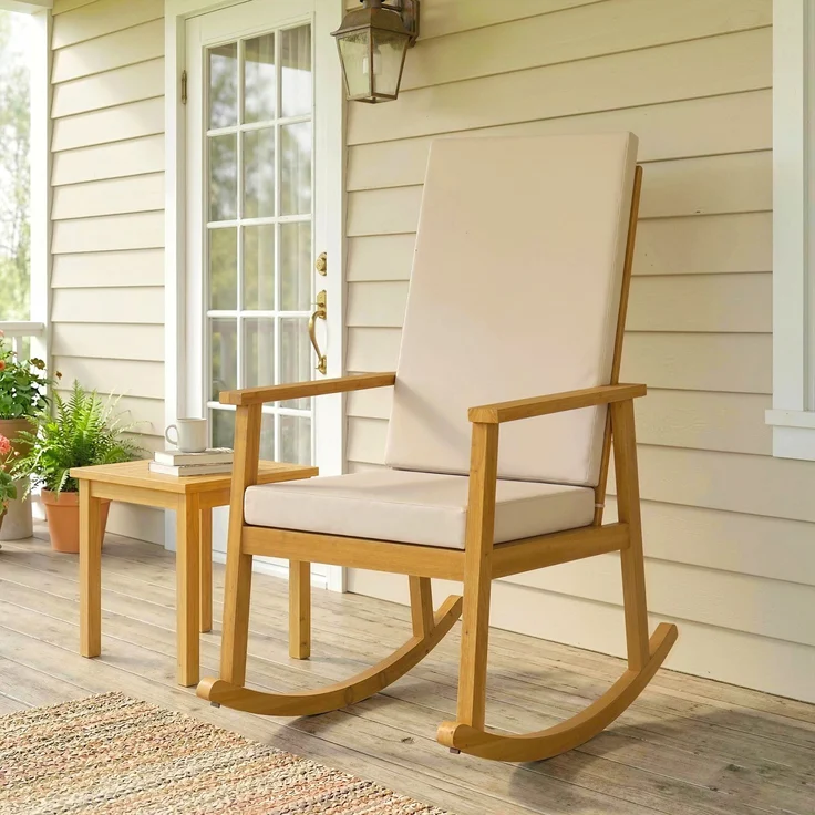 MELAYR, Schaukelstuhl aus Akazienholz Schaukelsessel mit hoher Rückenlehne Kissen bis 160 kg 60 x 89 x 107 cm Beige – Bild 4