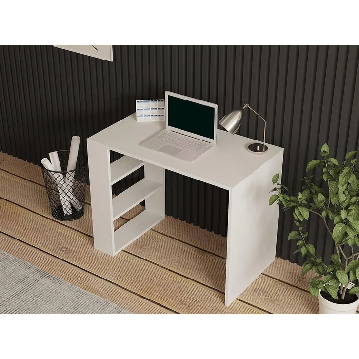 Scandinavian Study Desk, White, 90 x 70 x 50 cm | 100% Melamine Coated Particle Board, 18 mm Thick | Multipurpose with Numerous Shelves & Storage – Bild 5