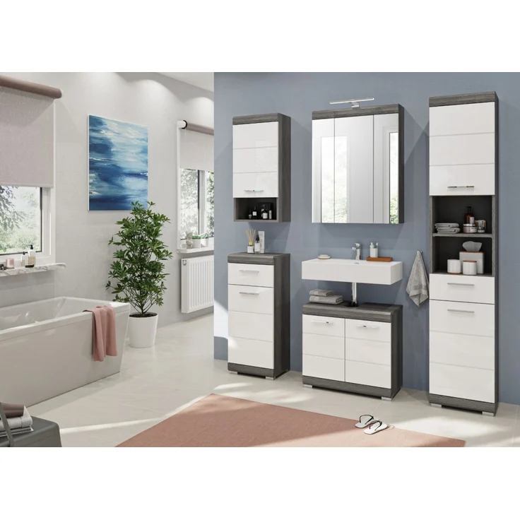 Badezimmer Hängeschrank Shawn in weiß Hochglanz und Rauchsilber grau 37 x 79 cm – Bild 6
