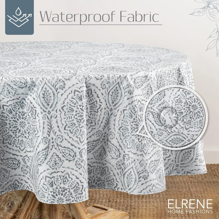 Elrene Home Fashions Savannah Boho Paisley Wasser- und Fleckenabweisende Vinyl-Tischdecke für drinnen und draußen, mit Flanell-Rückseite, 152,4 x 213,4 cm, oval, Grau – Bild 2