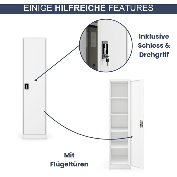 Aktenschrank abschließbar KADO - 5 Ebenen verstellbar, Flügeltüren | Metallschrank Werkstatt Mehrzweckschrank Büroschrank aus Stahl Werkzeugschrank, 185 x 45 x 60 cm Weiß – Bild 5