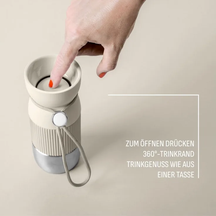Emsa beYou Cup Mug Isolier-Trinkbecher, 0,36 Liter, aromatischer Trinkgenuss, 100% dicht, spülmaschinengeeignet, für unterwegs, draußen, Büro, mit Trageband, Hellgrau, N2194500