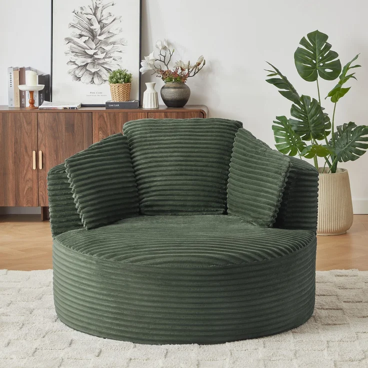 Übergroßes rundes Sofa, ultraweicher Cord-Loungesessel mit Federkernkissen, vollständig komprimierbarer Sitzsack mit Baumwollfüllung, keine Montage erforderlich, maximale Belastbarkeit 80 kg, für Wohnzimmer und Schlafzimmer--Dunkelgrün--124x113x86cm--Y... – Bild 2