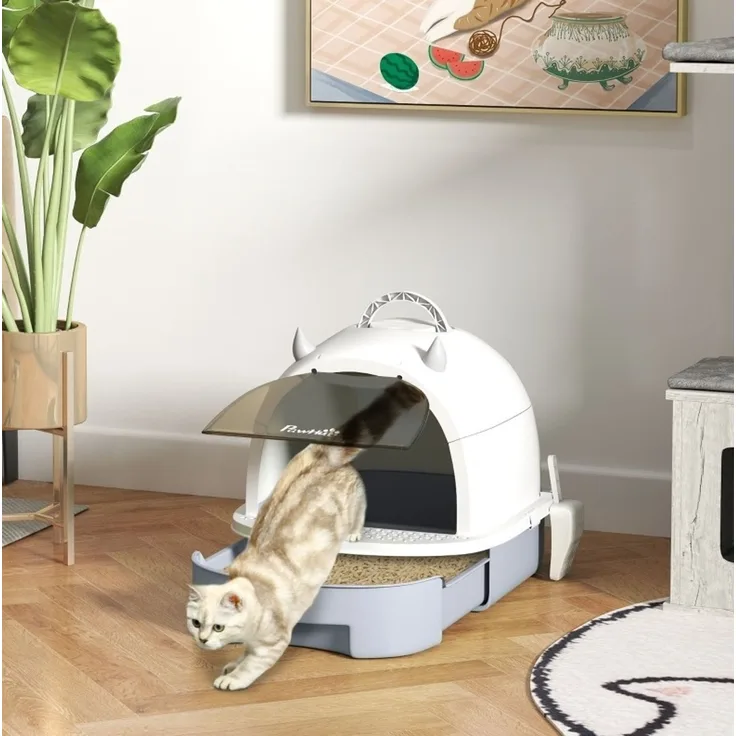 Katzentoilette aus Kunststoff mit Deckel, Schublade & Schaufel, 40,5x52x39 cm, Grau