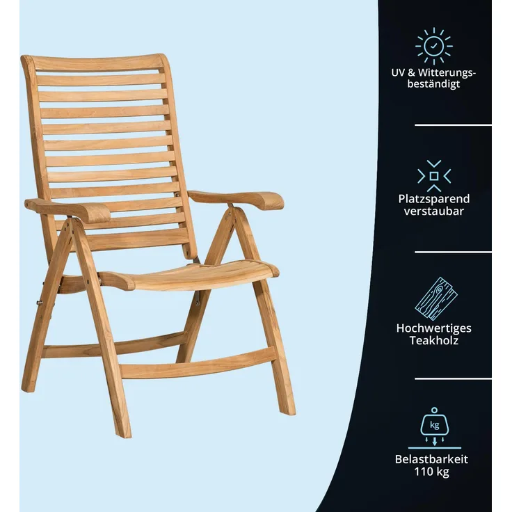 KHG Klappstuhl Garten aus Eukalyptusholz, Hochlehner mit Armlehnen aus massiven & rustikalen Echtholz, Gartenstuhl Holz Outdoor für Garten, Balkon & Terrasse, klappbar platzsparend wetterfest
