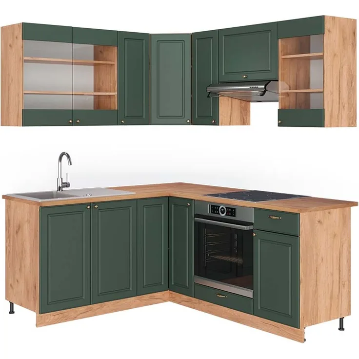 Eckküche Fame-Line Grün-Gold Landhaus/Goldkraft Eiche 190 x 60 cm , AP Eiche Vicco