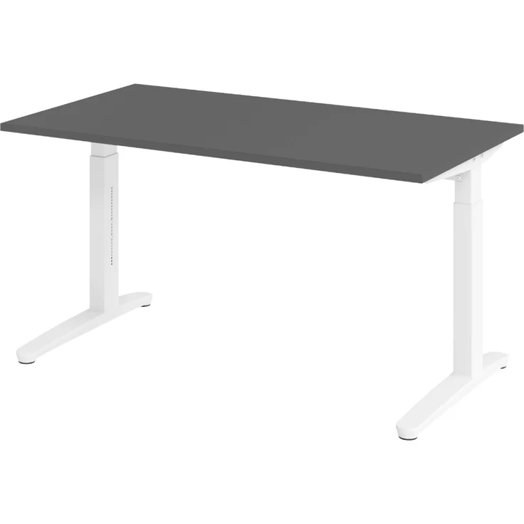 bümö manuell höhenverstellbarer Schreibtisch 140x80 in graphit Gestell in Weiß - PC Tisch höhenverstellbar & klein, höhenverstellbarer Tisch Büro, kleiner Computertisch verstellbar, X14-G-WW – Bild 1