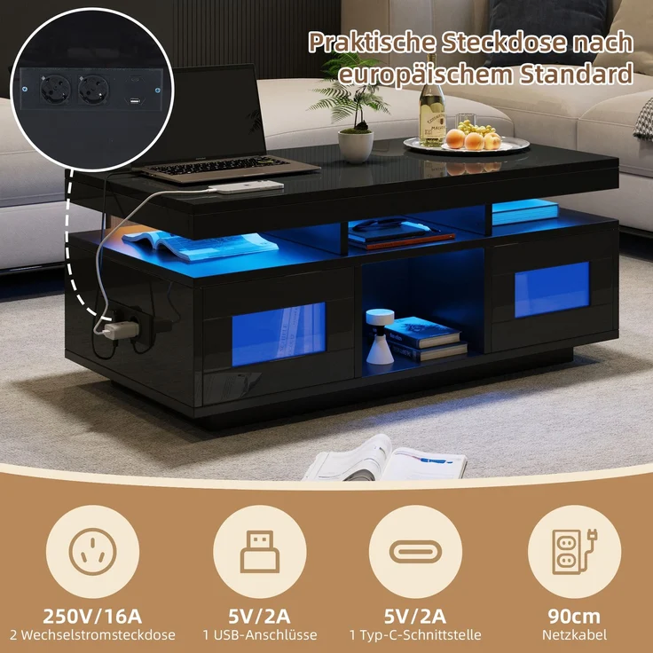 EINHOM 100 x 50 x 43 cm Schwarz Hochglanz-Couchtisch, mit Per Mobiler APP Steuerbaren LED-Leuchten, Wohnzimmertisch mit Schrank, Sofatisch mit Ladeanschluss und Steckdose, Geeignet für Büro, Arbeitszimmer – Bild 6