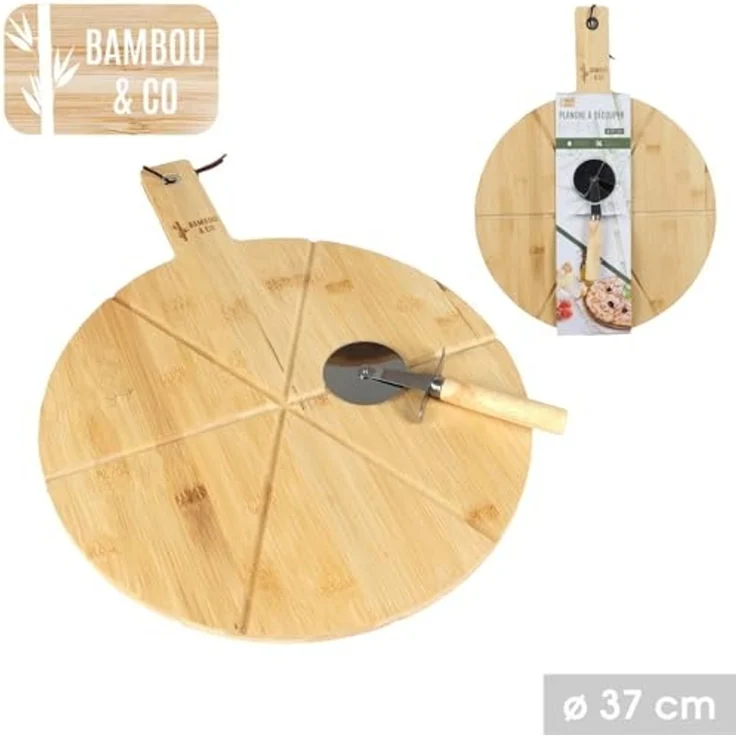 Bambou&Co Pizzaschneidebrett 2-tlg. Set Pizzabrett mit Pizzaschneider Pizza-Schneidebrett Brett, Bambus, (Pizzaset / Pizzaschneidset, Rollschneider + Rundbrett), rundes Brett mit Einkerbungen für gleichmäßigen Schnitt – Bild 3