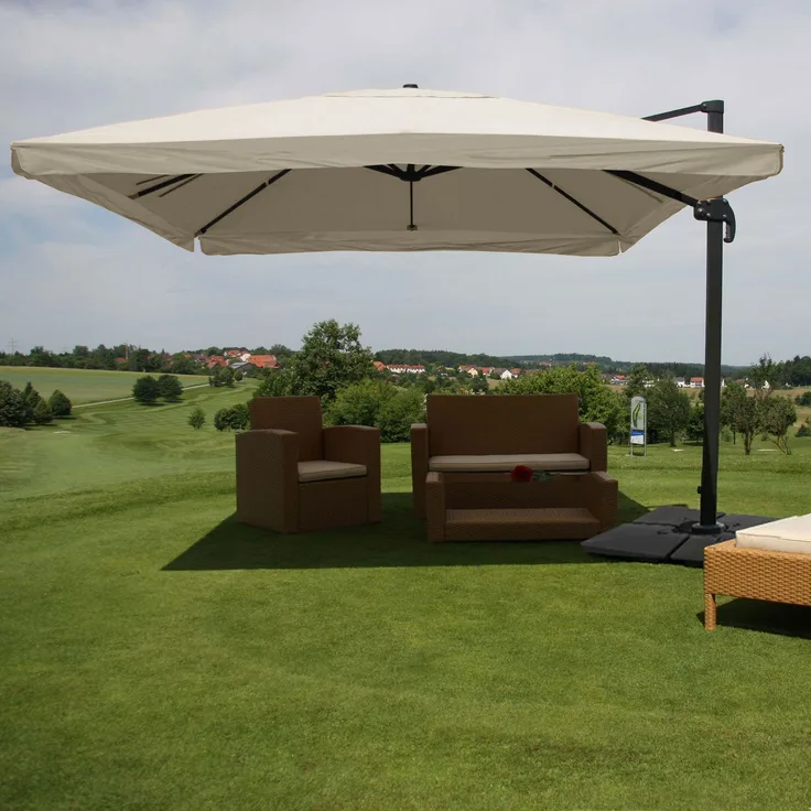 Gastronomie-Ampelschirm HWC-A96, 3x3m (Ø4,24m) Polyester Alu/Stahl 23kg ~ Flap, creme-grau mit Ständer
