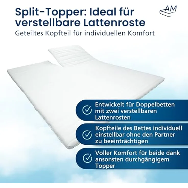 AM Qualitätsmatratzen Split Topper 200x200cm RG30, Atmungsaktiver Matratzenauflage mit 67 cm Einschnitt für verstellbare Lattenroste, Made in Germany – Bild 4