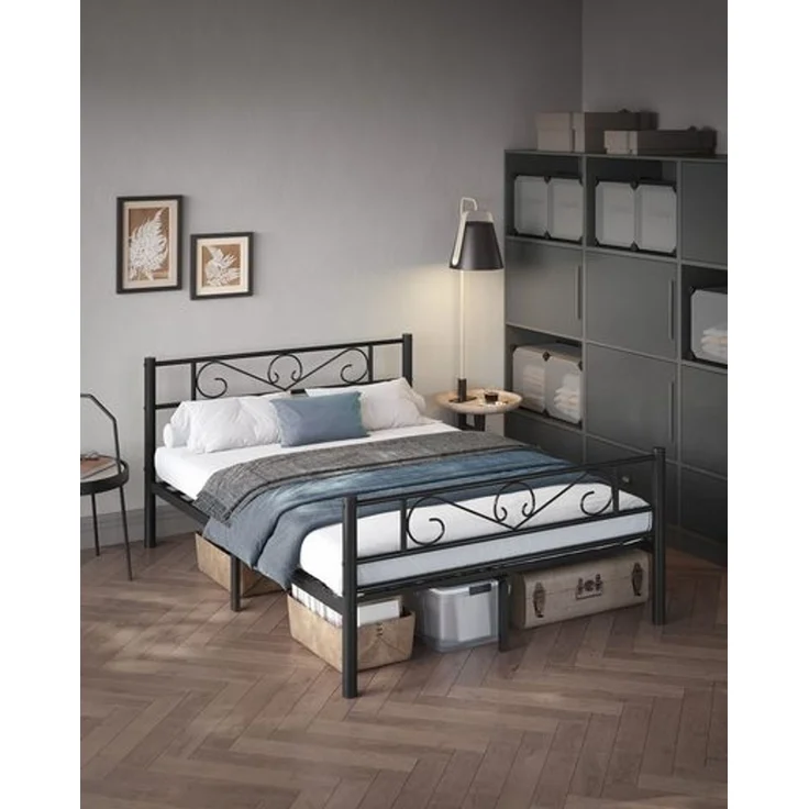 VASAGLE Bett 140 x 200 cm, Gästebett, Doppelbett aus Metall, Bettgestell, Bettrahmen, Metallbett, einfache Montage, tintenschwarz – Bild 1