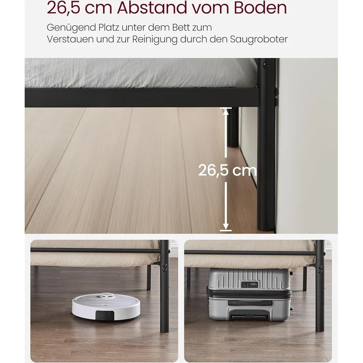 VASAGLE Bett 140 x 200 cm, Gästebett, Doppelbett aus Metall, Bettgestell, Bettrahmen, Metallbett, einfache Montage, tintenschwarz – Bild 4