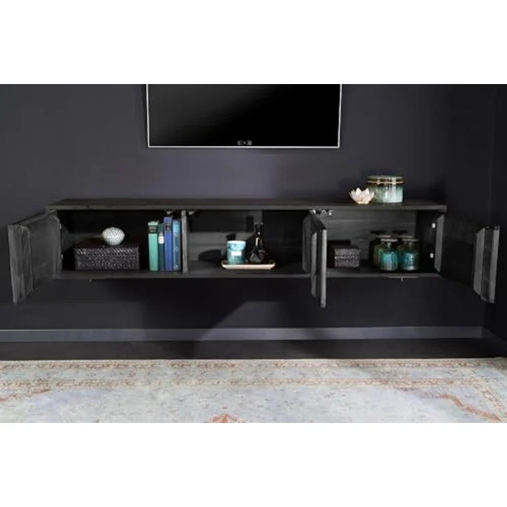 riess-ambiente TV-Board MOUNTAIN SOUL 160cm schwarz / grau-natur · Lowboard aus Massivholz (Einzelartikel, 1 St), hängend · Naturstein-Front · grifflos · mit Stauraum · Akazie · Design – Bild 4