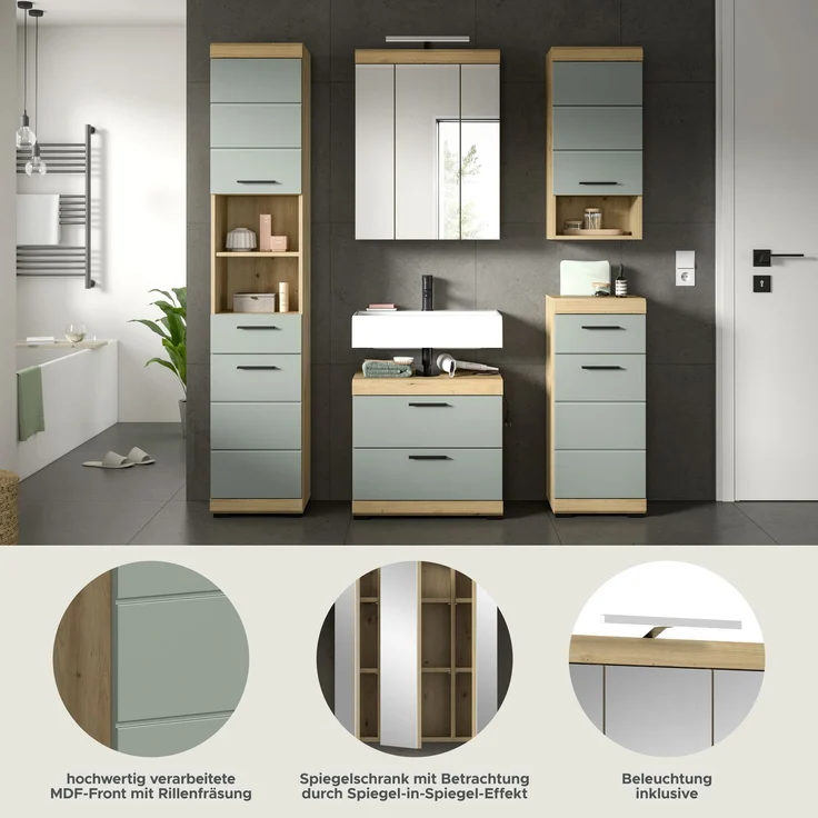 Xonox Scout Badkombination (B/H/T: 164x191x34 cm) in Salbei und Artisan Eiche Nachbildung – Bild 10