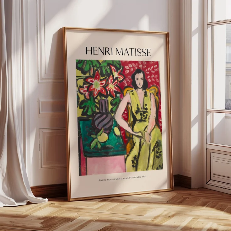 Henri Matisse Poster · Geschenkidee · Sitzende Frau mit Amaryllis-Vase Bunte Blumen · Dekoprint ohne Rahmen - 100 x 150 cm