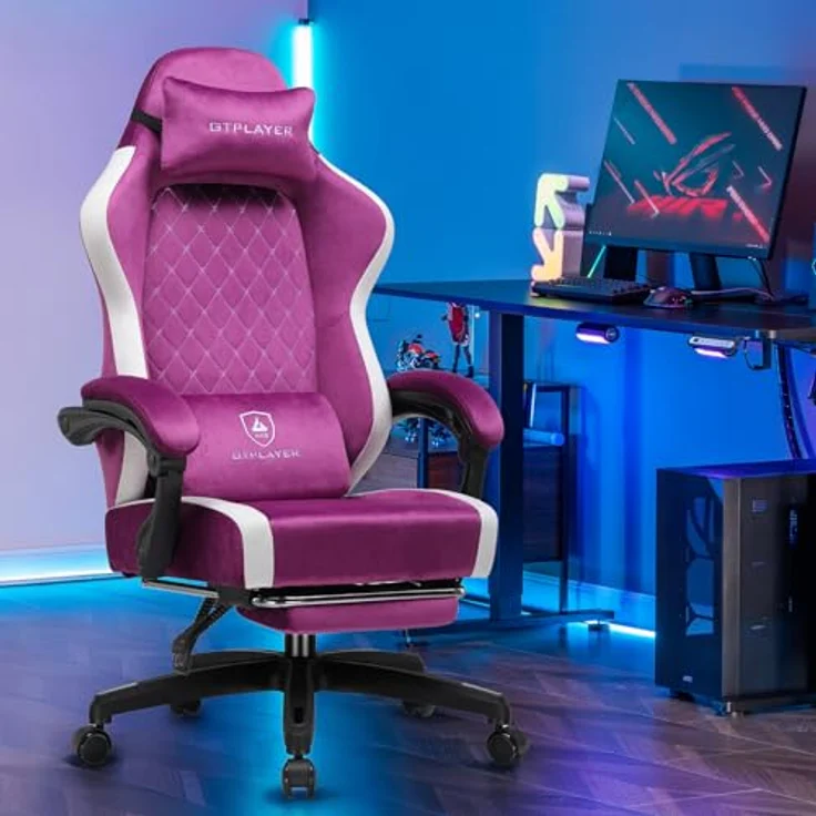 GTPLAYER Gaming Stuhl Ergonomischer, PC Stuhl Atmungsaktiver Stoff, Groß und Hoch Drehbarer Schreibtischstuhl mit Fußstütze,Verstellbare Lendenwirbelstütze und Kopfstütze,Lila – Bild 2