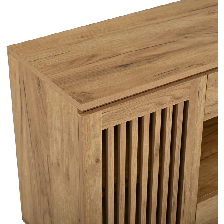 Sideboard 140 x 35 x 71 cm mit 4 Schubladen und 2 Lamellentüren, MDF in Naturholzfarbe – Bild 10