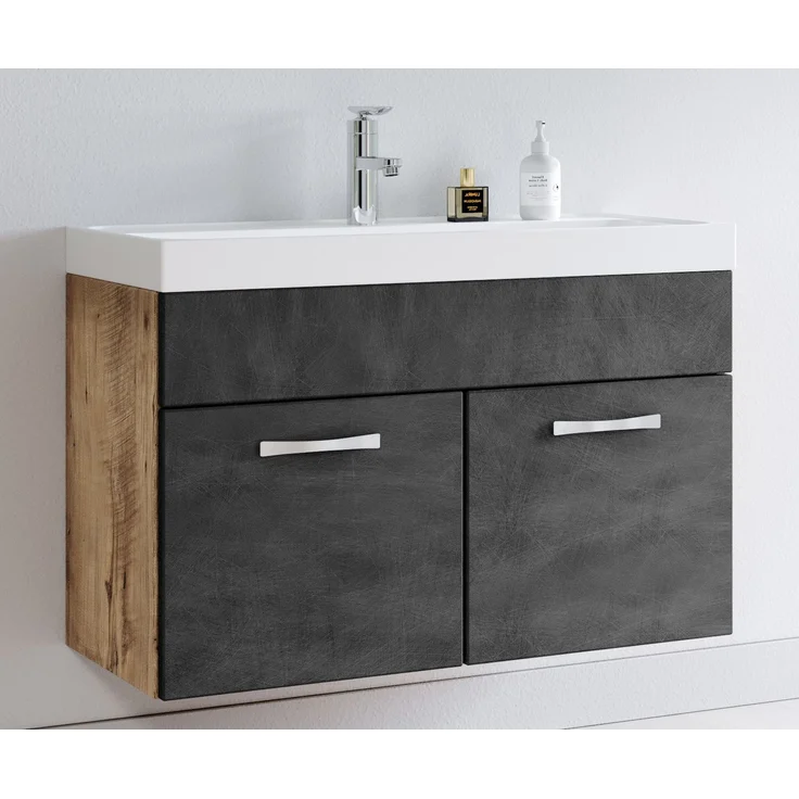 Badplaats Badmöbel Set mit Waschbecken und Unterschrank Paso 01 80x40 cm Kastanien Eiche mit Dunkel Grau - Waschbeckenunterschrank mit Waschbecken – Bild 2