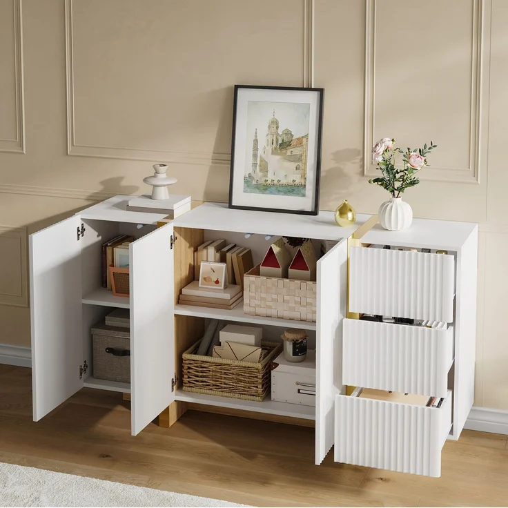 DESVIAE Sideboard Weiß aus MDF/Spanplatte – 140x75x36 cm – 3 Türen, 3 Schubladen – Bild 6