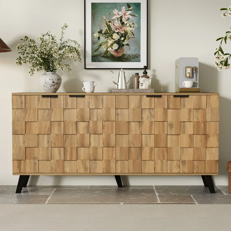 Sideboard Holzoptik 160 cm, moderner Aufbewahrungsschrank mit 4 Türen, Einlegeböden & schwarzen Griffen – Bild 5