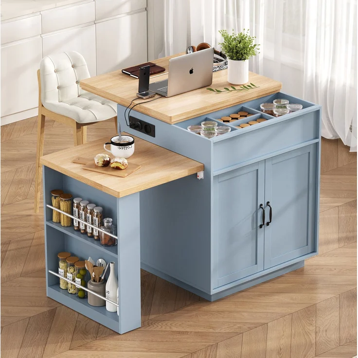 Kücheninsel 125,5-187,5x71x93 cm mit LED-Beleuchtung, USB-Anschluss und ausziehbarer Tischplatte – Bild 2