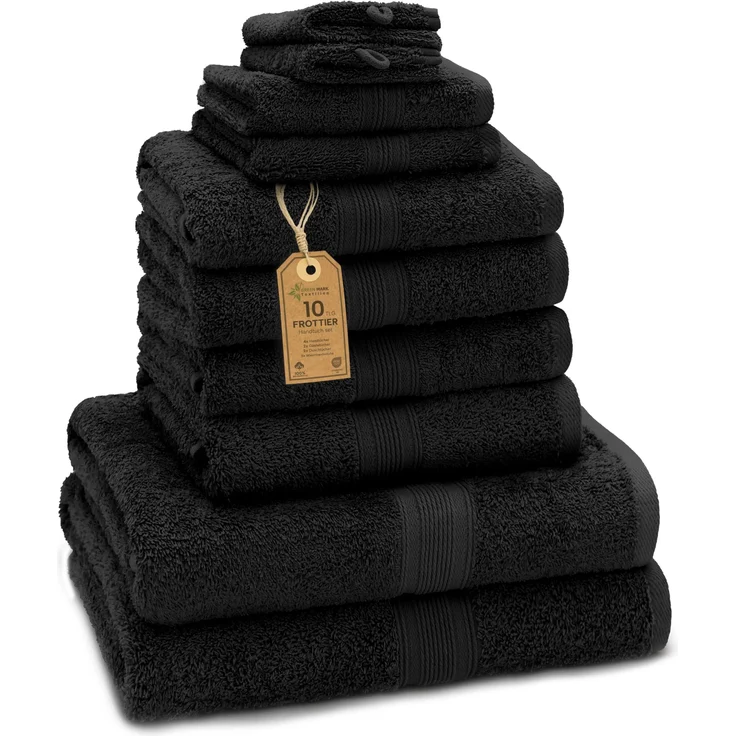 Green Mark Handtuch-Set mit 10 Teilen – 100% Baumwolle – 4 Handtücher 50×100 cm, 2 große Duschtücher 70×140 cm, 2 Gästetücher 30×50 cm und 2 Waschhandschuhe – Schwarz – Bild 1