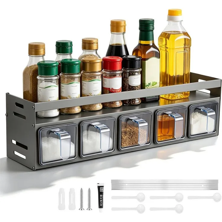 LEMLIT Gewürzregal Gewürzhalter Mit 5 Gewürzdosen Und Löffeln, Wandmontage Oder Stehend, 1er Set 1-tlg, Aluminium, Platzsparend, Für Arbeitsplatte Und Küchenschrank