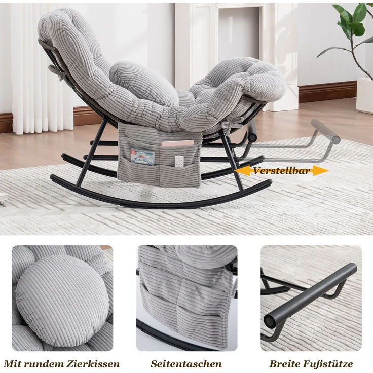 LVHOM Schaukelstuhl mit ausziehbarer Fußstütze, Rattanstuhl mit Stahlrahmen, Schaukelsessel mit gepolstertem Kissen und Seitentasche, Lounge Sessel, 1 St, Hellgrau – Bild 5