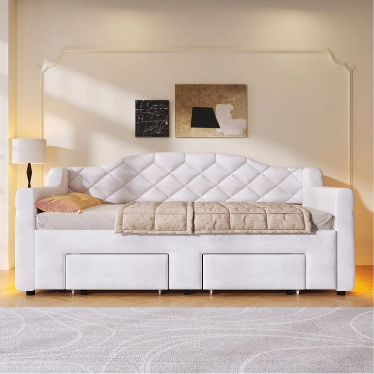 SOFTWEARY Schlafsofa mit Ausziehbett und Stauraum, mit Lattenrost und RGB LED-Streifen, Liegefläche erweiterbar, Polsterbett, Einzel- oder Doppelbett, Tagesbett, Daybett, Samt – Bild 4
