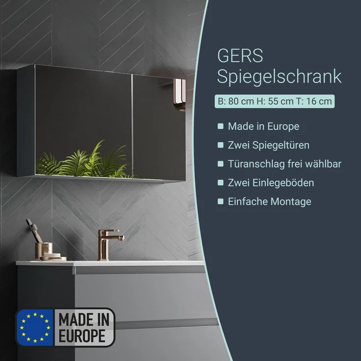 BADEDU GERS Spiegelschrank 80 cm breit, Grau – Bild 2