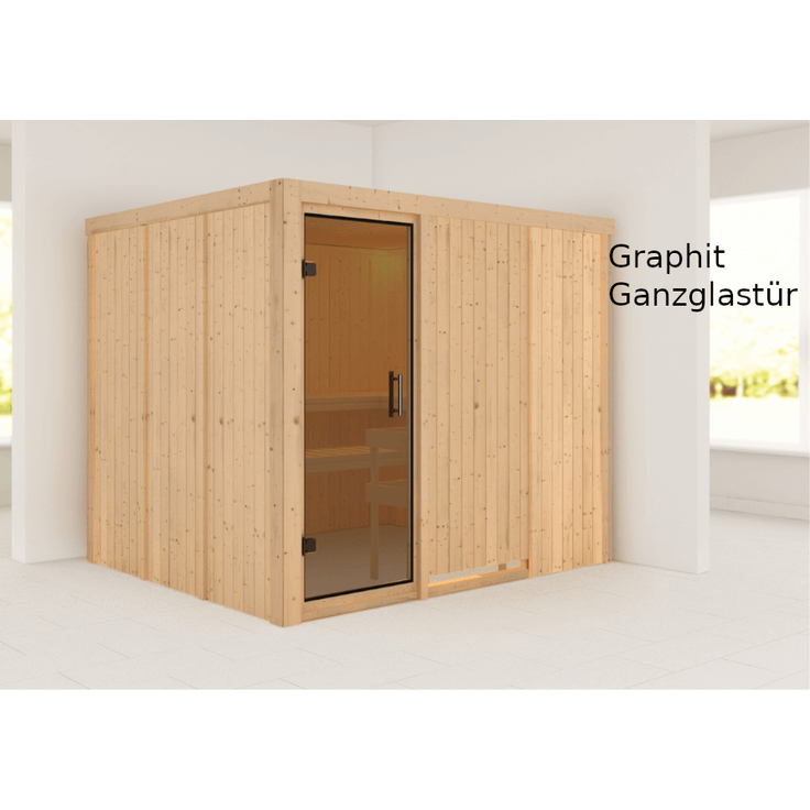 Karibu Sauna Gobin mit Dachkranz + 9kW Saunaofen mit integrierter Steuerung Bronzierte Ganzglastür – Bild 6