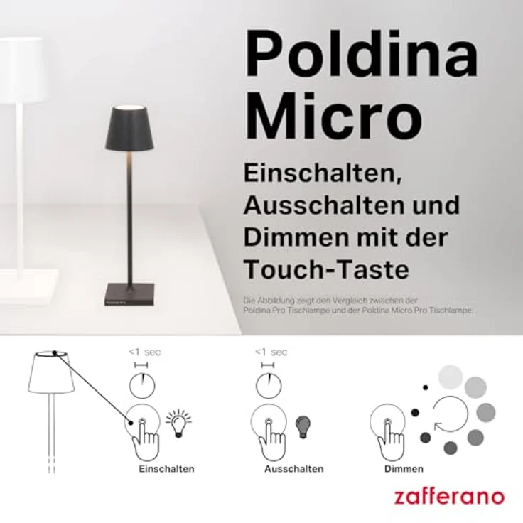 Zafferano, Poldina Micro Lampe, Kabellose, Wiederaufladbare Tischlampe mit Touch Control, Geeignet für Wohnzimmer und Außenbereich, Dimmer, 2200-3000 K, Höhe 27,5 cm, Farbe Salbeigrün – Bild 8