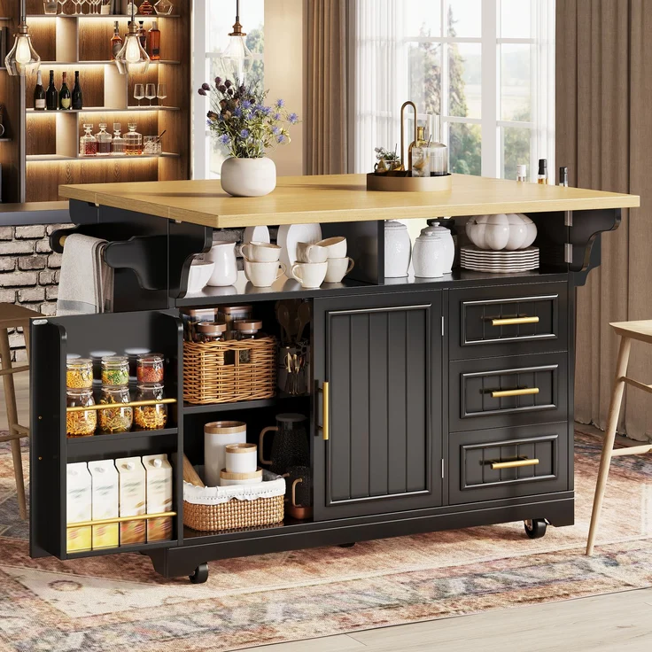 Abrihome Multifunktionale Kücheninsel Küchenbuffet Sideboard, Schwarz, auf Rollen, Esstisch-Erweiterung – Bild 2