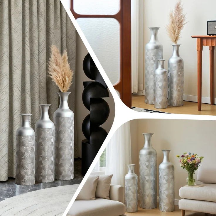 LVHOM 3er Set Bodenvase, Große Vasen aus Metall mit Rillenmuster, Dekovase für Trockenblumen, Höhen 50/66/83 cm, Vasen Set für Wohnzimmer, Flur und Büro, Silber – Bild 9