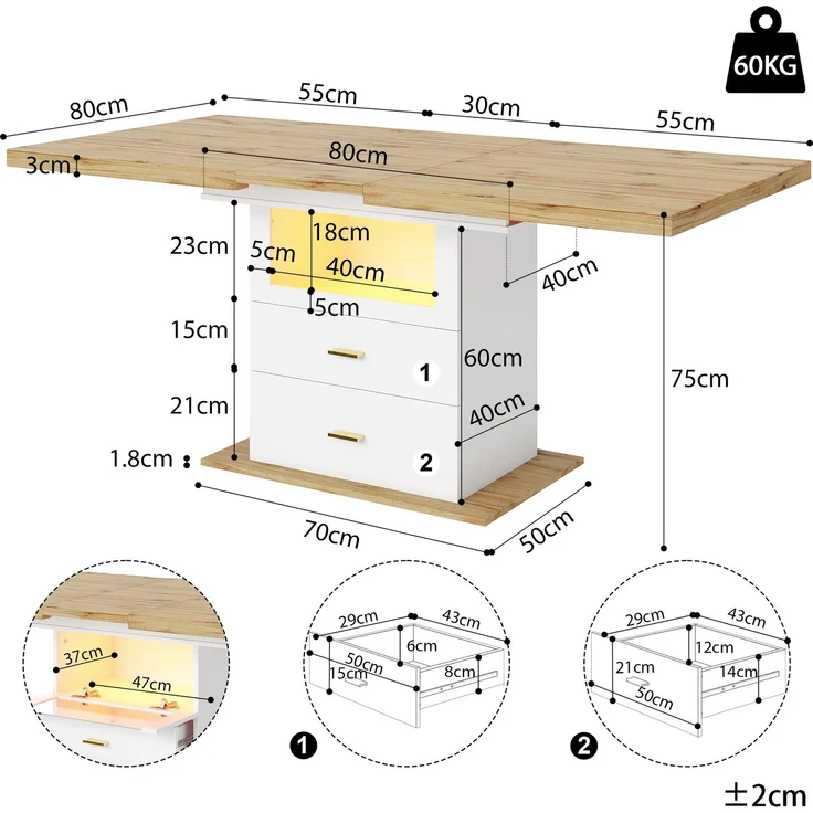 Esstisch 110/140x80x75 cm, ausziehbar mit LED-Beleuchtung, App-Steuerung und Stauraum – Bild 5