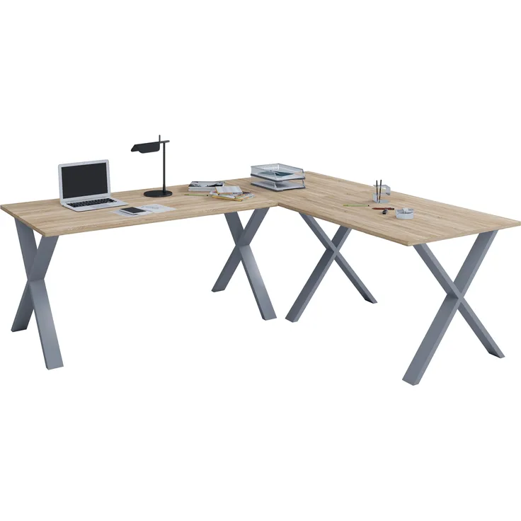 VCM Schreibtisch Lona 916546 Silber / Sonoma-Eiche H. 76 x B. 190 x T. 160 cm
