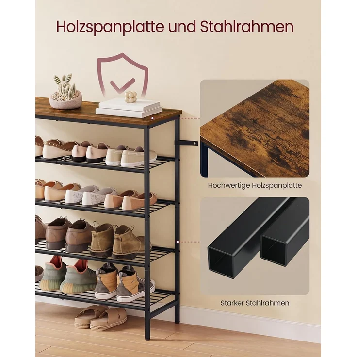 VASAGLE Schuhbank, Schuhaufbewahrung, Schuhregal, Metallrahmen, 5 Ebenen, für bis zu 18-24 Paar Schuhe, braun-schwarz – Bild 5