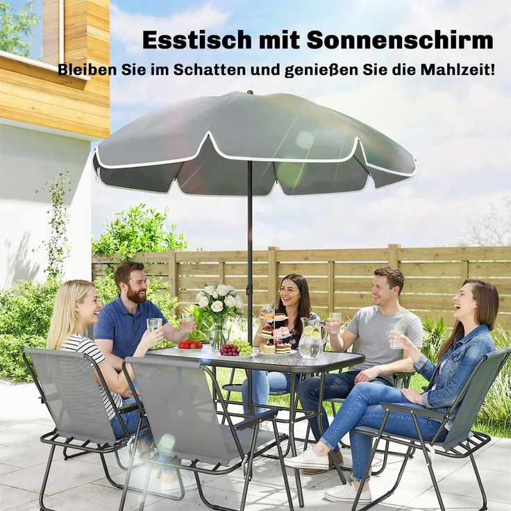 Gartenmöbel Set Sitzgruppe 119 x 68cm Glastisch mit 6 Klappstühlen Sonnenschirm Wasserwellenmuster Grau--Grau--70x68x119cm--YOUDENOVA – Bild 8