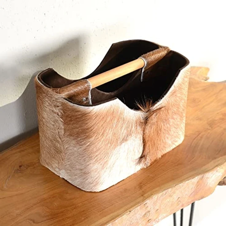 wohnfreuden Aufbewahrungsbox Zeitungsständer aus Ziegenfell und Teakholz 30 cm – Bild 5