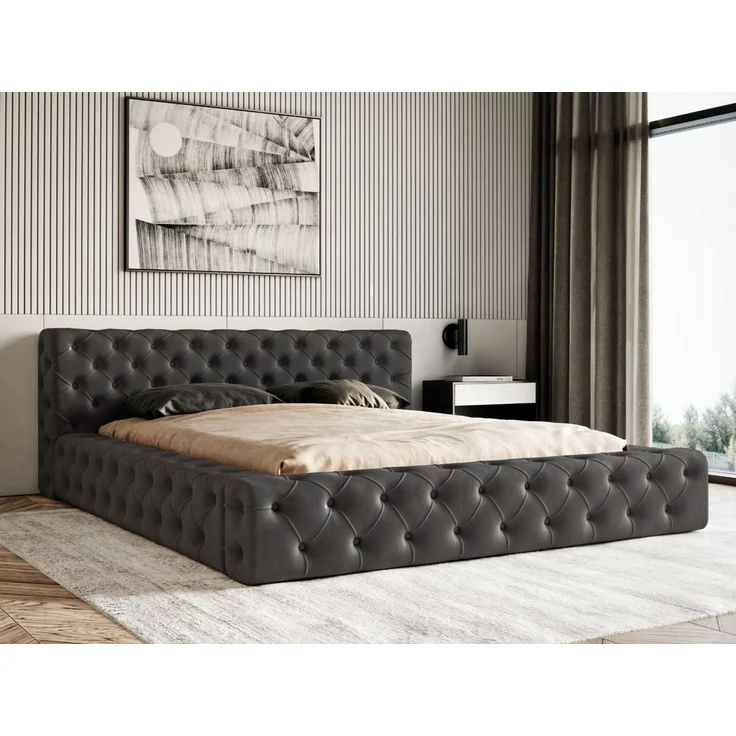 GRAINGOLD Palini Polsterbett 180x200, mit gepolstertes Kopfteil, gestepptes Bett, Bettkasten, Velour-Stoff, Schwarz – Bild 1