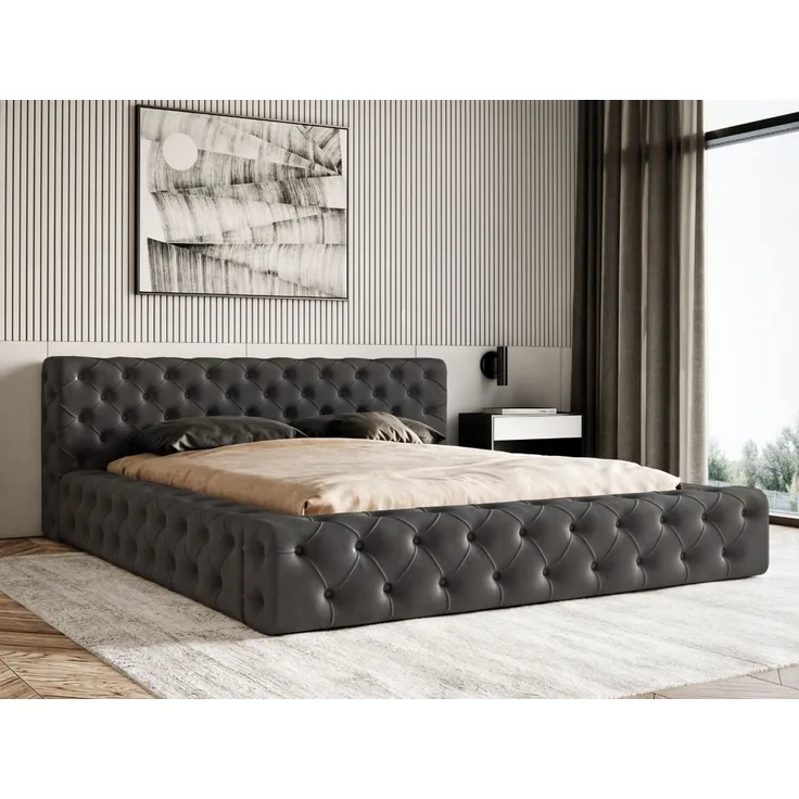 GRAINGOLD Palini Polsterbett 180x200, mit gepolstertes Kopfteil, gestepptes Bett, Bettkasten, Velour-Stoff, Schwarz