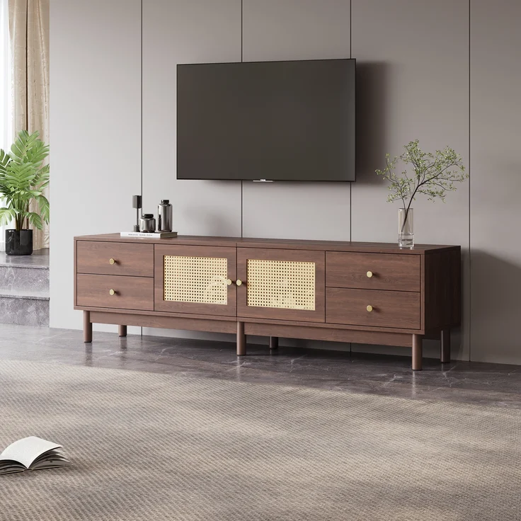 TV-Schrank, mit 2 Rattantüren, 4 Schubladen & Kabelmanagement, 180x35x44 cm, Braun – Bild 2