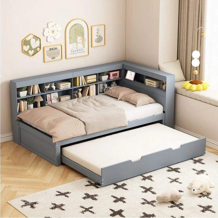 MODFU Schlafsofa Kinderbett mit USB-Steckdose und mehreren Ablagefächern, Mit Räummaschine, Massivholzbett, Doppelbett, Multifunktionsbett aus Holz, ohne Matratze – Bild 5