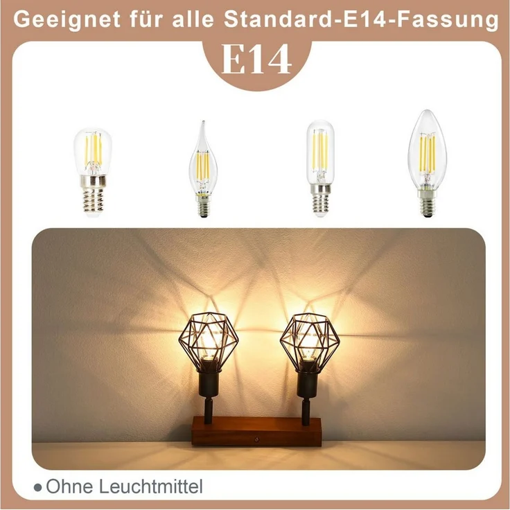 Nettlife Deckenleuchte Holz Deckenlampe E14 Metall Schwenkbar 350°, Schwenkbar 350°, LED wechselbar, für Wohnzimmer Flur Schlafzimmer – Bild 3