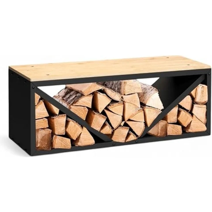 DanDiBo Kaminholzregal Innen mit Sitzbank Bank Metall Schwarz 96602 Brennholzregal Holzaufbewahrung Kaminholzständer Feuerholzregal – Bild 1
